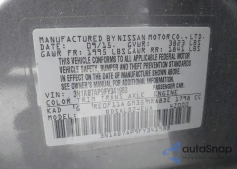 2015 Nissan Sentra Sv from USA, damaged, VIN 3N1AB7AP9FY341983